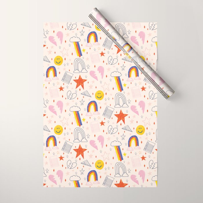 Happy Smiley Face & Retro Rainbows In Dusty Pink Wrapping Paper