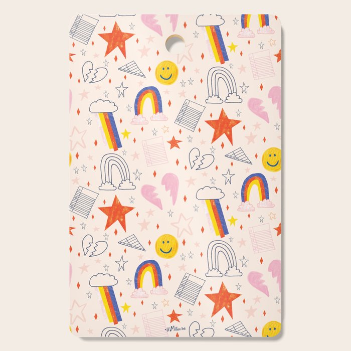 Happy Smiley Face & Retro Rainbows In Dusty Pink Cutting Board