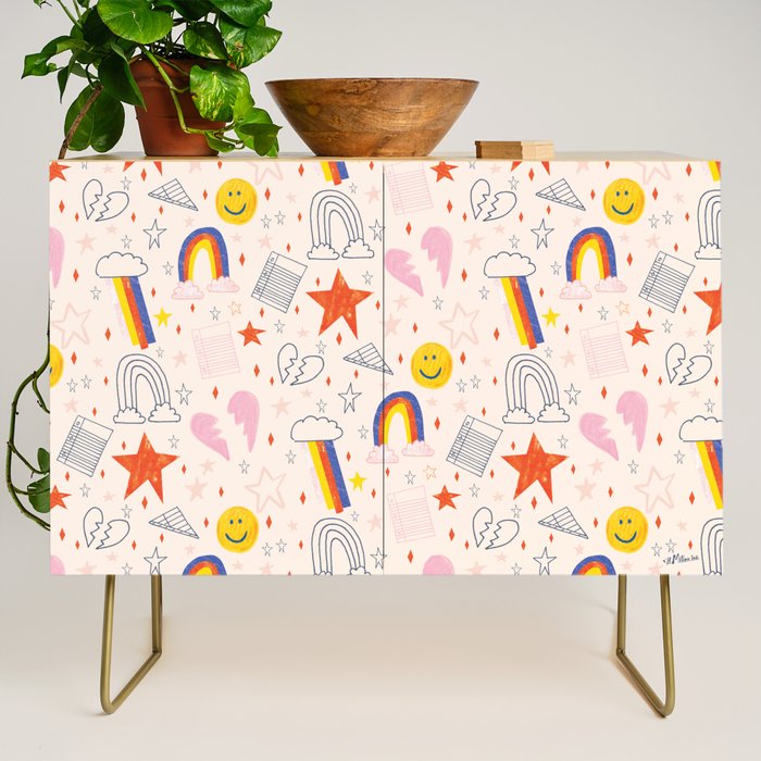 Happy Smiley Face & Retro Rainbows In Dusty Pink Credenza