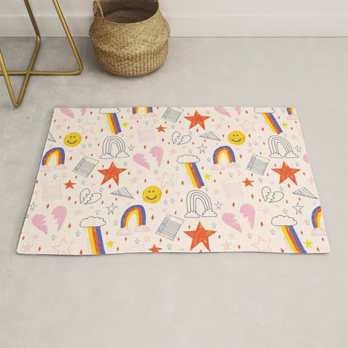 Happy Smiley Face & Retro Rainbows In Dusty Pink Rug
