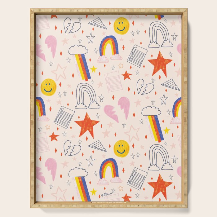 Happy Smiley Face & Retro Rainbows In Dusty Pink Serving Tray