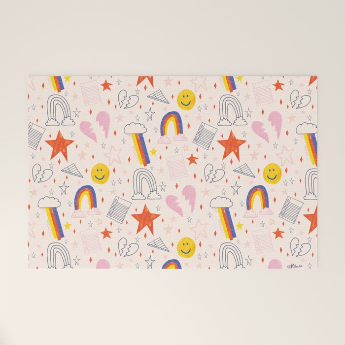 Happy Smiley Face & Retro Rainbows In Dusty Pink Welcome Mat