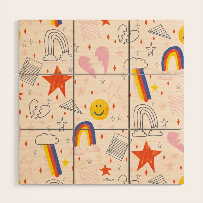 Happy Smiley Face & Retro Rainbows In Dusty Pink Wood Wall Art