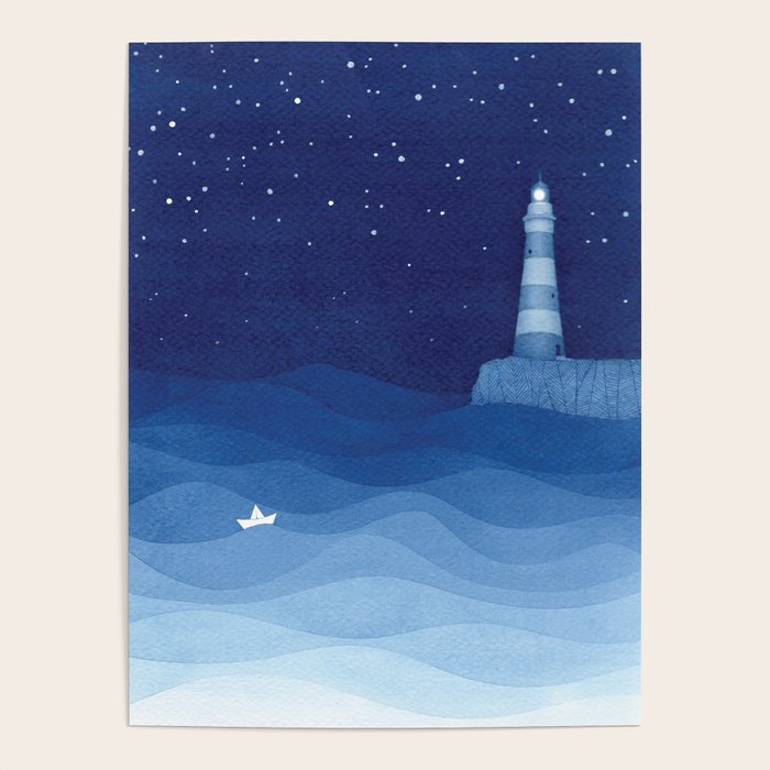 Lighthouse & The Paper Boat, Blue Ocean Poster