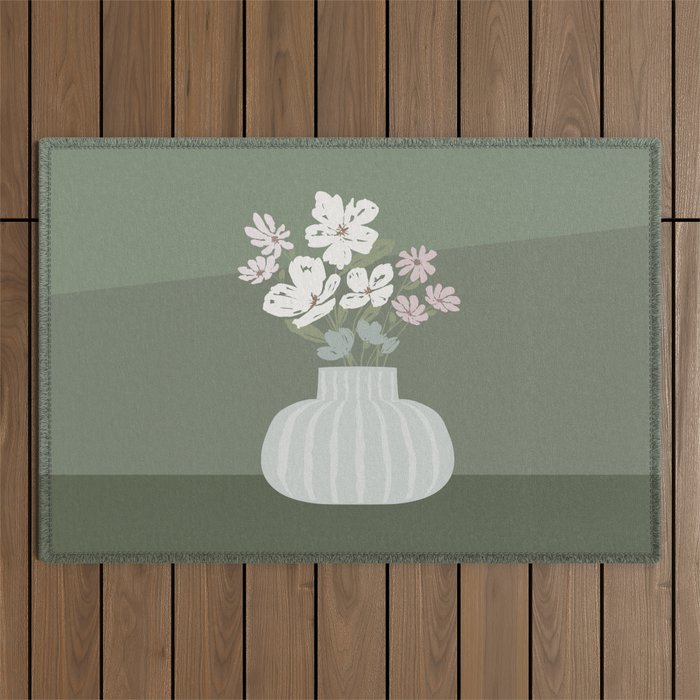 Wildflower Bouquet In Vase Illustration - Muted Pink, Beige And Sage Green Flowers  Outdoor Rug