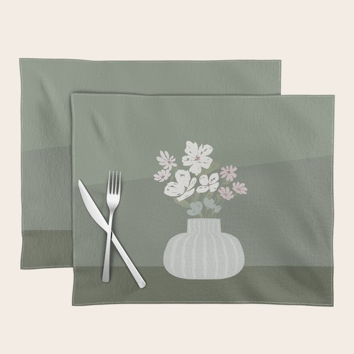 Wildflower Bouquet In Vase Illustration - Muted Pink, Beige And Sage Green Flowers  Placemat
