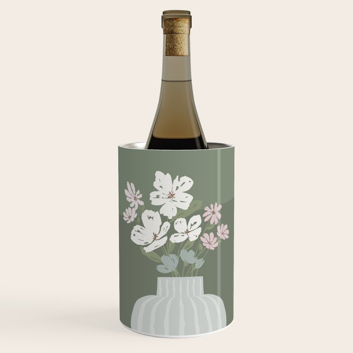 Wildflower Bouquet In Vase Illustration - Muted Pink, Beige And Sage Green Flowers  Wine Chiller