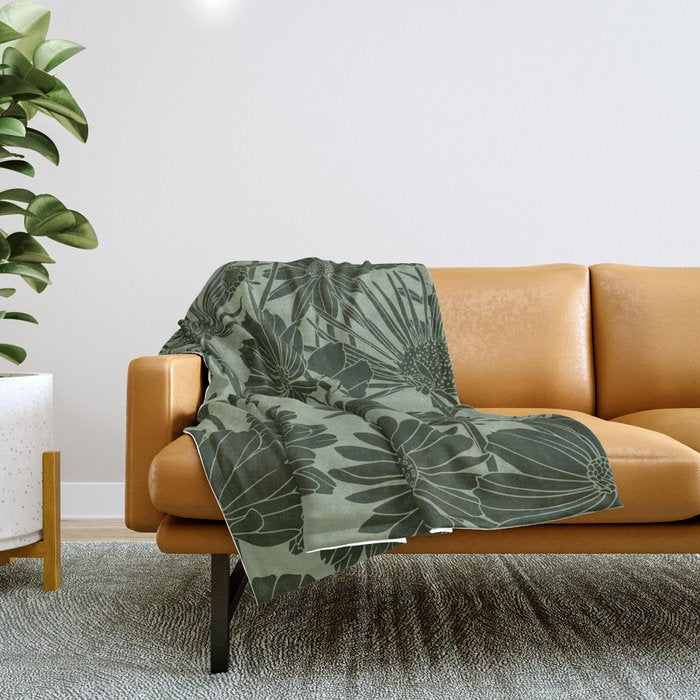 Floral Prints, Dark Green, Colour Prints Throw Blanket