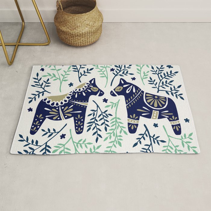 Swedish Dala Horse - Navy & Mint Palette Rug