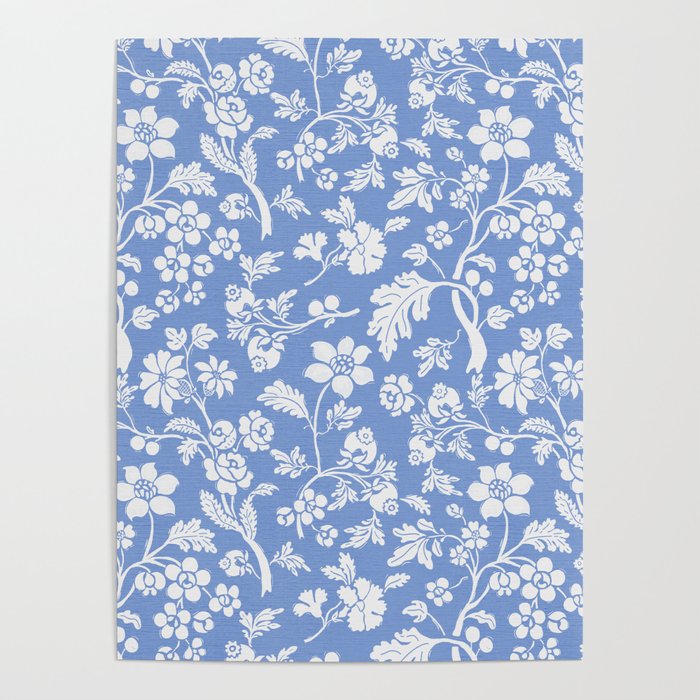 Vintage Style Chintz Florals On Blue Poster