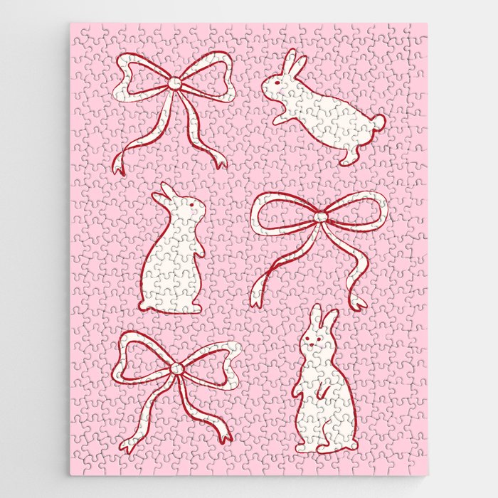 Ribbon Bows And Bunnies In Red, Pink And White Jigsaw Puzzle
