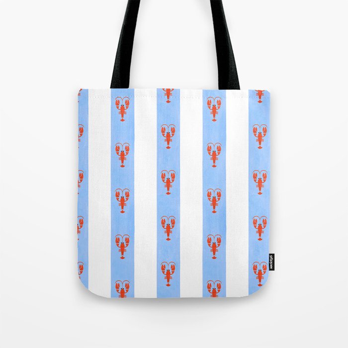 Red Lobsters On Hand-Painted Bright Blue Stripes Tote Bag