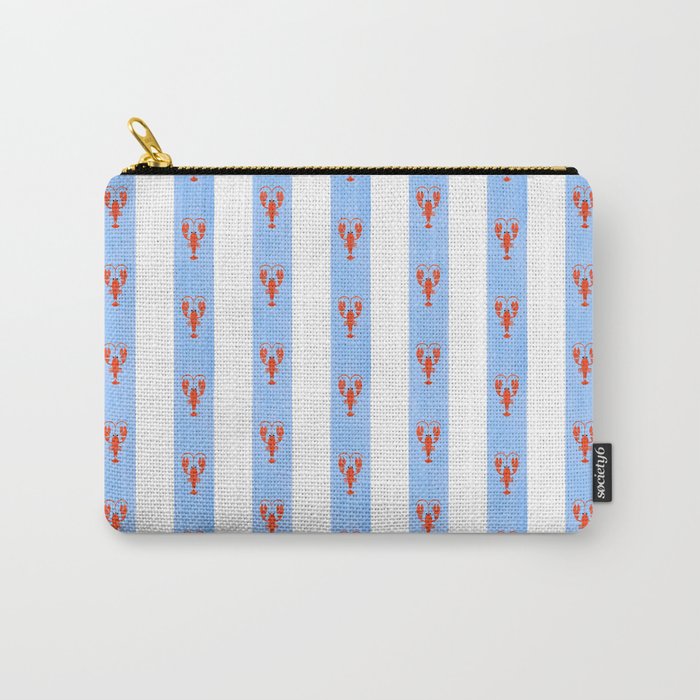 Red Lobsters On Hand-Painted Bright Blue Stripes Carry All Pouch