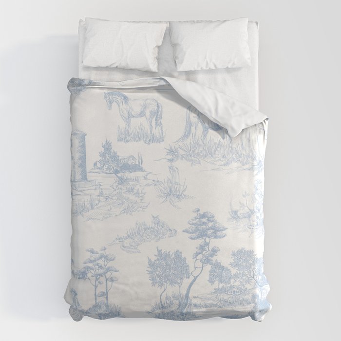 Toile De Jouy Vintage French Soft Baby Blue White Pastoral Pattern Duvet Cover