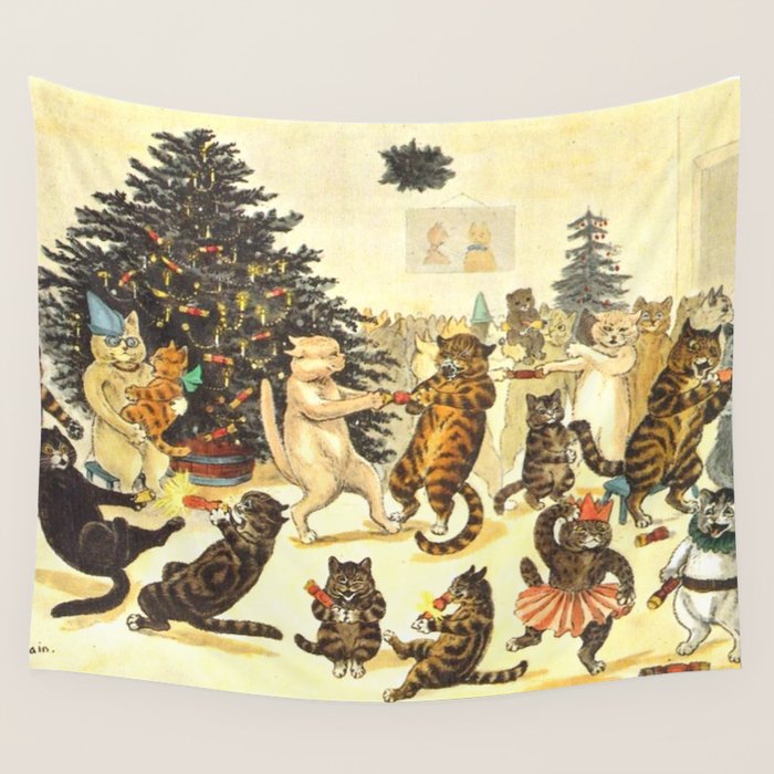 'Christmas Party Cats' By Louis Wain Vintage Cat Art Wall Tapestry