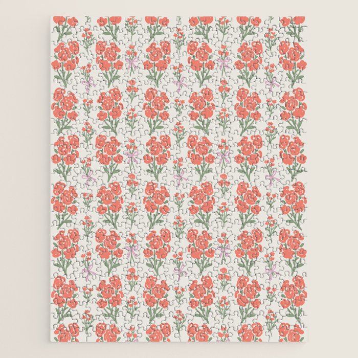 Preppy Grandmillennial Cute Red Flowers Jigsaw Puzzle