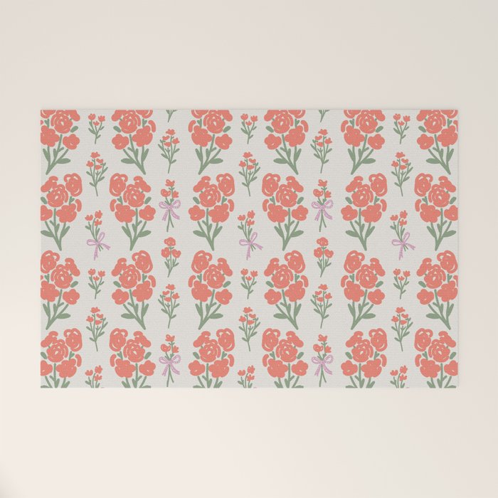 Preppy Grandmillennial Cute Red Flowers Welcome Mat