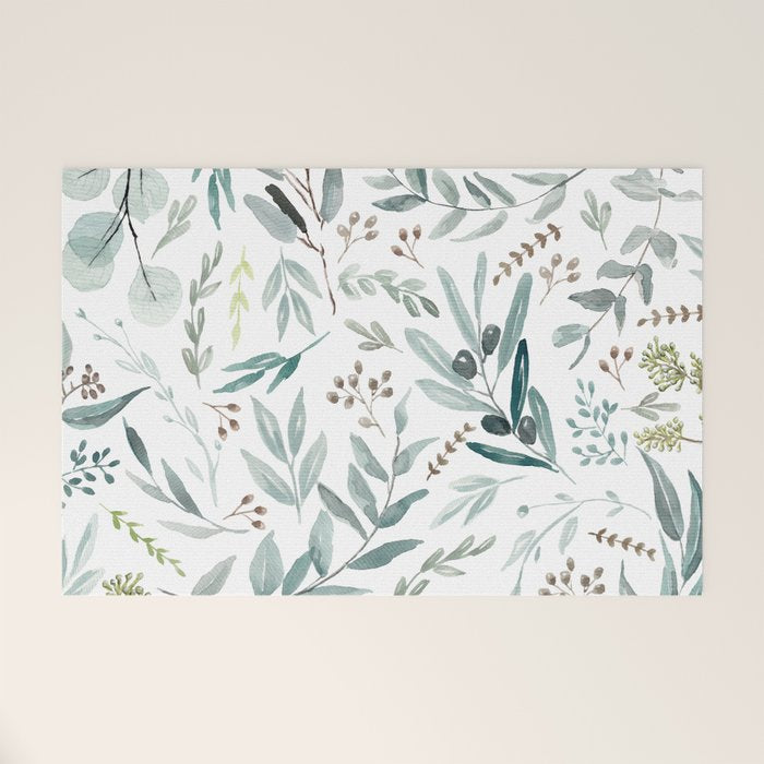 Botanical Eucalyptus Leaves Pattern Welcome Mat