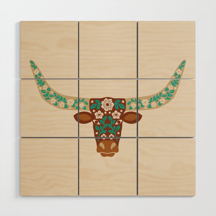 Floral Longhorn - Brown And Turquoise Wood Wall Art