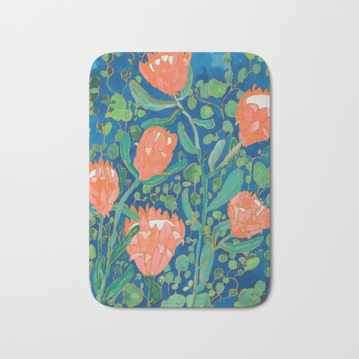 Coral Proteas On Blue Pattern Painting Bath Mat