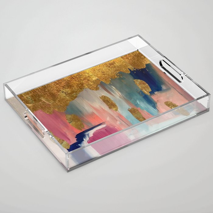 Gold Leaf & Indigo Blue Abstract Acrylic Tray