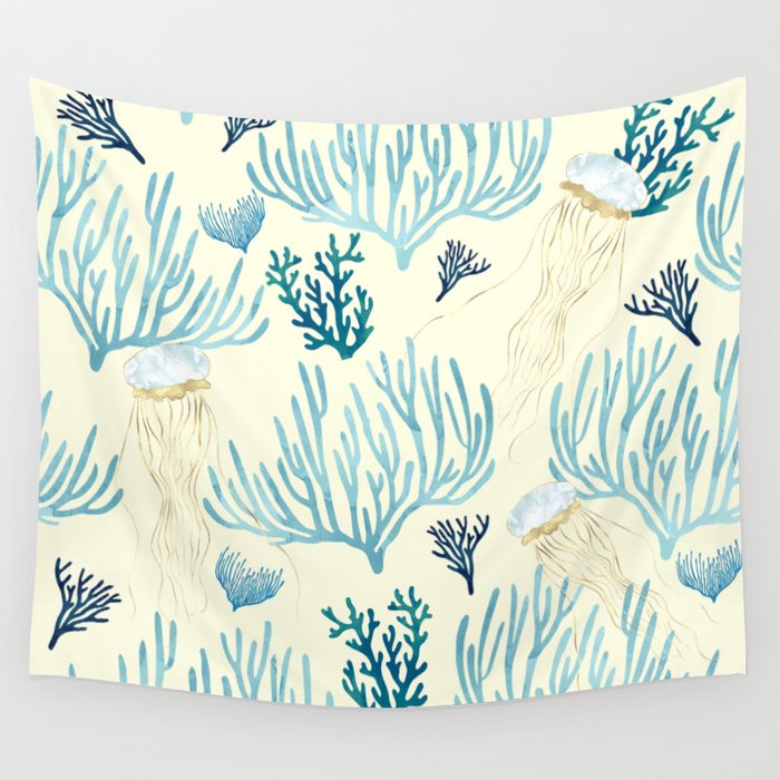 Jellyfish And Coral-Yellow Wall Tapestry