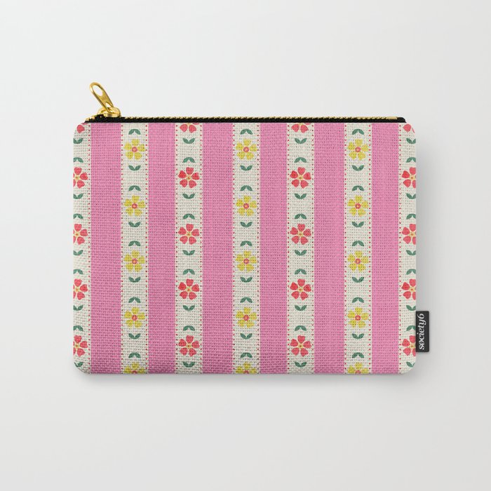 Granny Style Vintage Florals On Pink Stripes Carry All Pouch