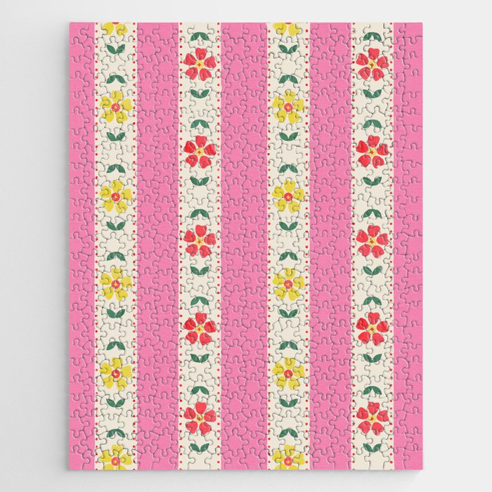 Granny Style Vintage Florals On Pink Stripes Jigsaw Puzzle