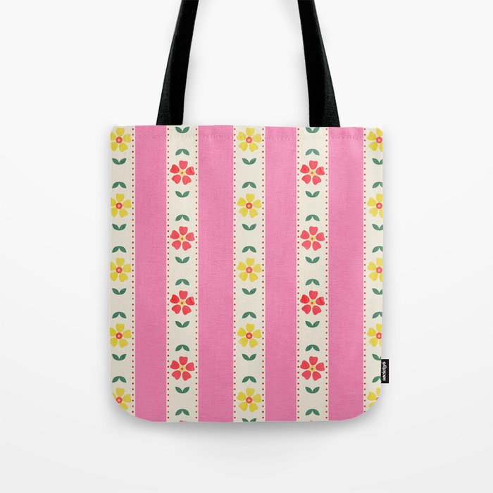 Granny Style Vintage Florals On Pink Stripes Tote Bag