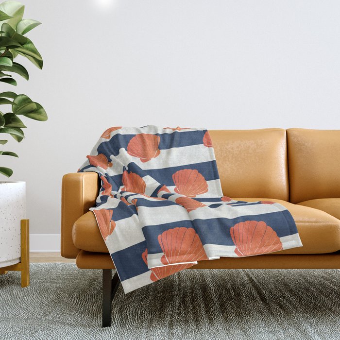Orange Clamshell And Navy Stripes Throw Blanket