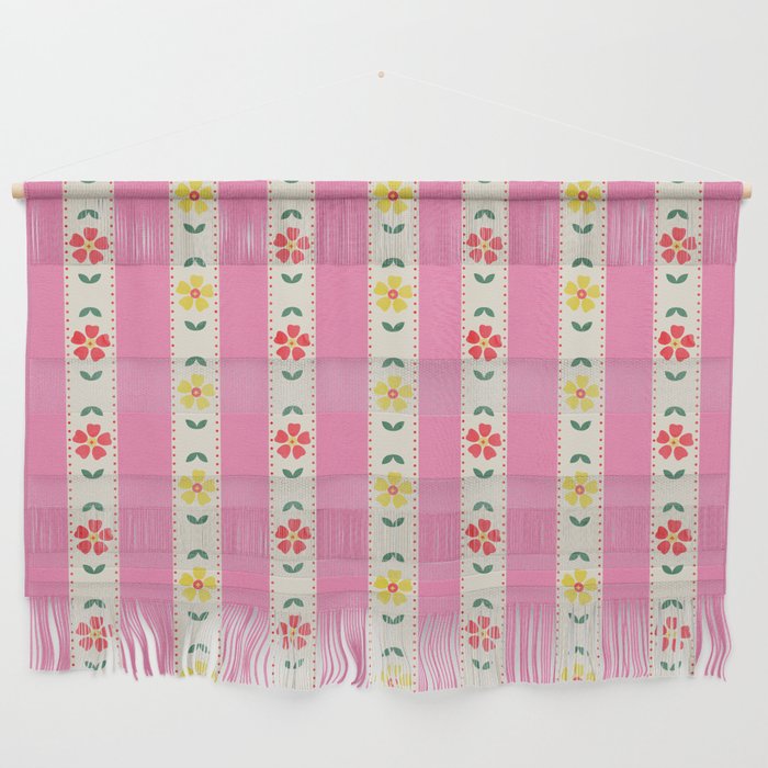 Granny Style Vintage Florals On Pink Stripes Wall Hanging