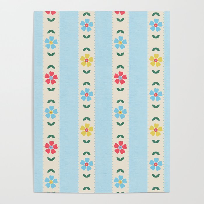 Granny Style Vintage Florals And Light Blue Stripes Poster