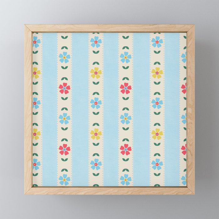 Granny Style Vintage Florals And Light Blue Stripes Mini Art Print