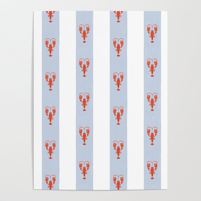 Red Lobsters On Hand-Painted Blue Stripes Poster