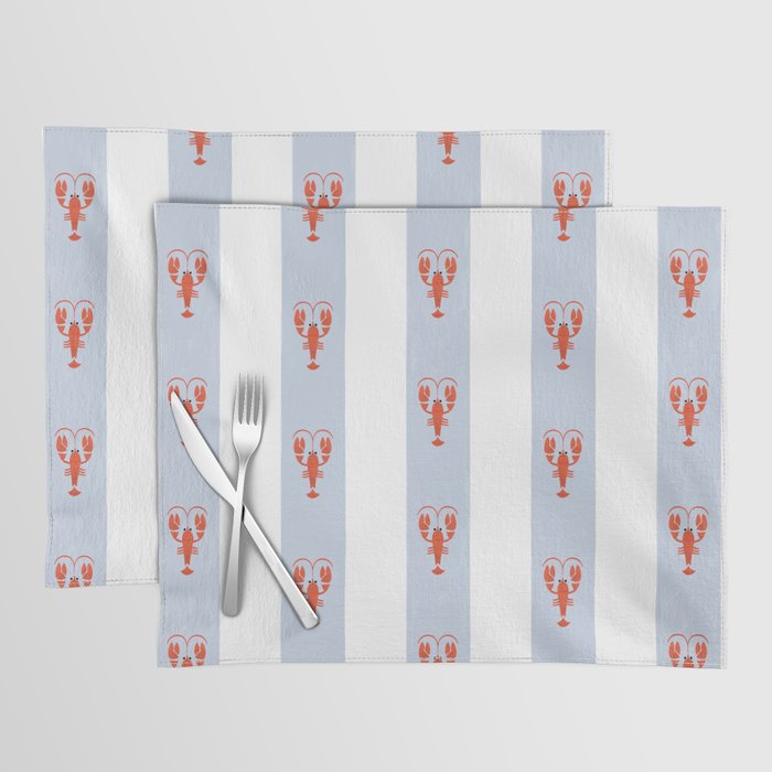 Red Lobsters On Hand-Painted Blue Stripes Placemat