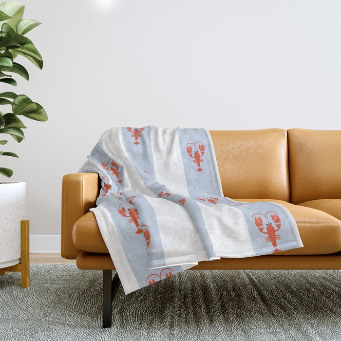 Red Lobsters On Hand-Painted Blue Stripes Throw Blanket
