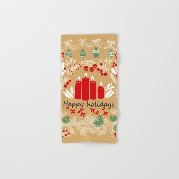 Happy Holidays Christmas Greetings - Folk Art Illustration Bath Towel