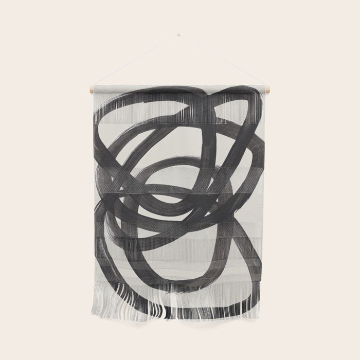 Mid Century Modern Minimalist Abstract Art Brush Strokes Black & White Ink Art Spiral Circles Wall Hanging