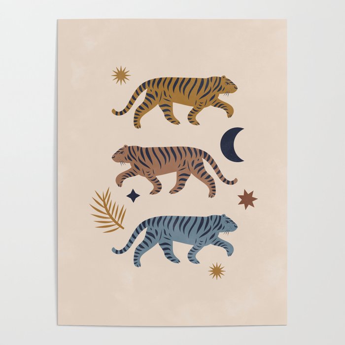 Celestial Tigers With Moon And Stars Poster