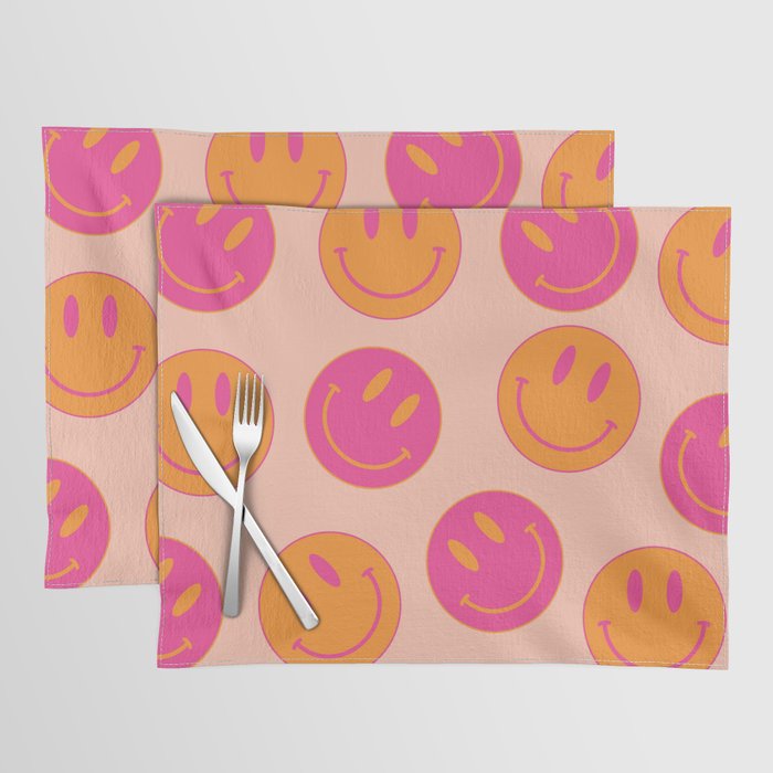Retro Groovy Smiley Face Poster - Pink And Orange 90s Vibes Placemat