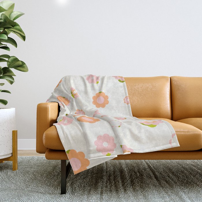 Peach Pink And Orange Flowers Pattern Throw Blanket
