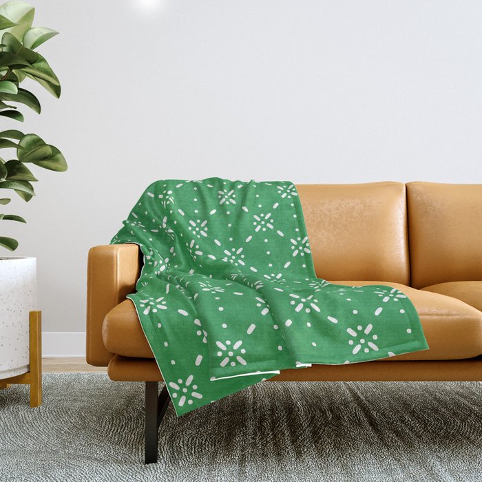 Christmas Snowflake Vector With Simple Modern White Stitches On Green Background Pattern Throw Blanket