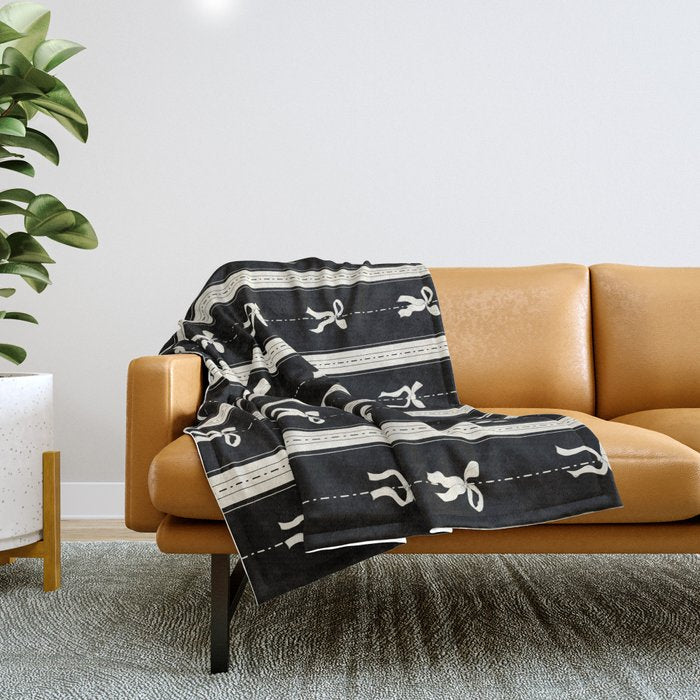 Coquette Beige Bows On A Black And Beige Stripes Background Pattern Throw Blanket