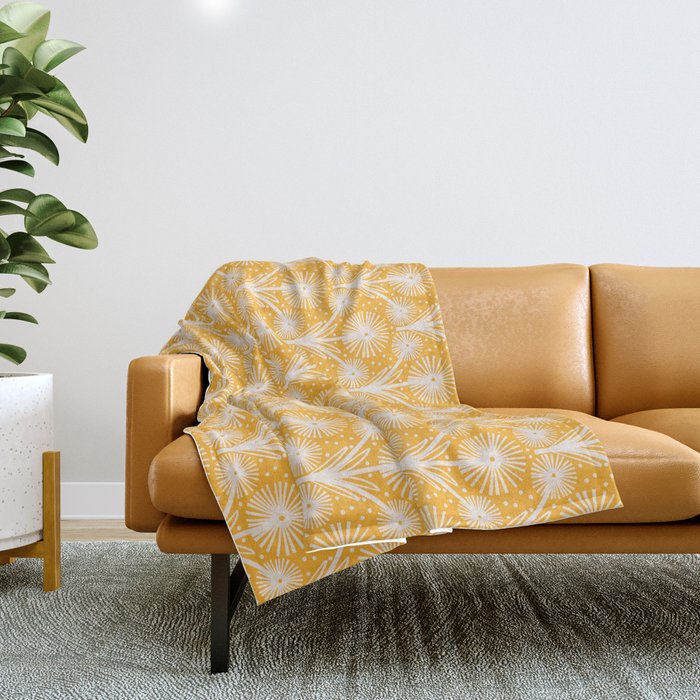 Retro White Fanned Floral Pattern - Yellow Background Throw Blanket