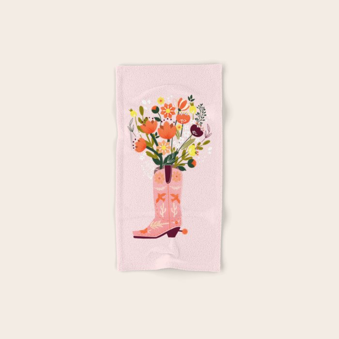 Pink Cowboy Boot And Wild Flower Bouquet Bath Towel