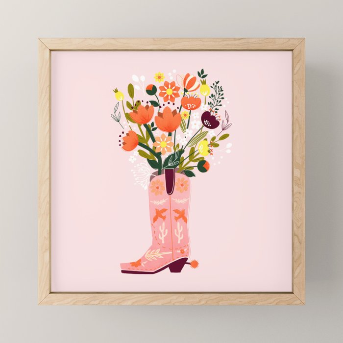 Pink Cowboy Boot And Wild Flower Bouquet Mini Art Print