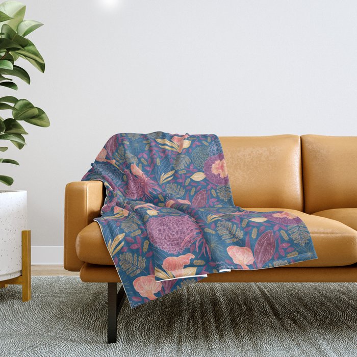Forest Full Of Wild Mushrooms In Navy Blue & Peach Throw Blanket