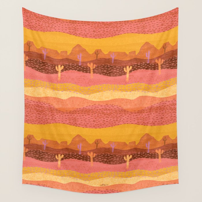 Vintage Western Desert Landscape In Golden Sunrise & Peach Wall Tapestry