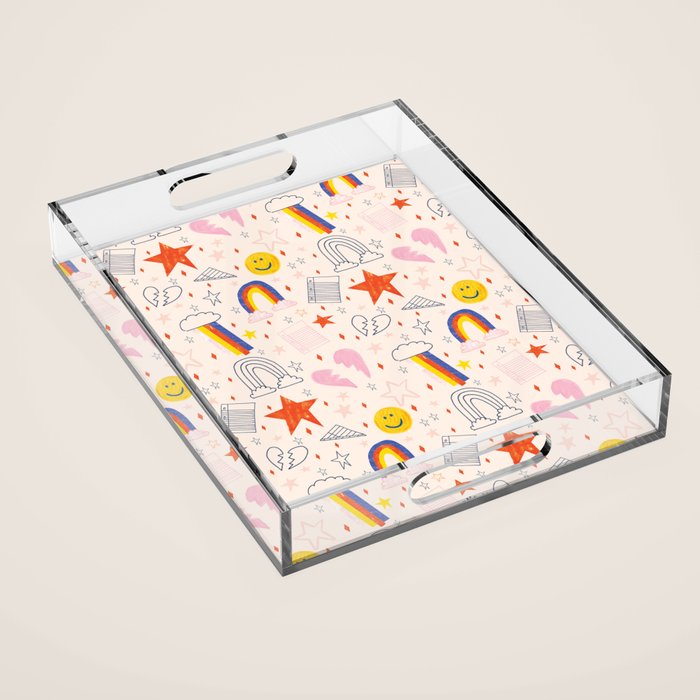 Happy Smiley Face & Retro Rainbows In Dusty Pink Acrylic Tray