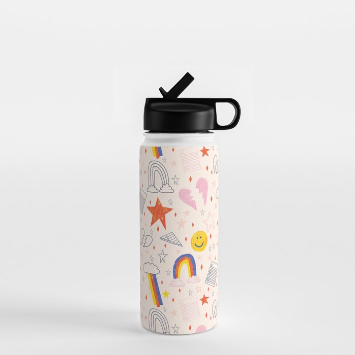 Happy Smiley Face & Retro Rainbows In Dusty Pink Water Bottle